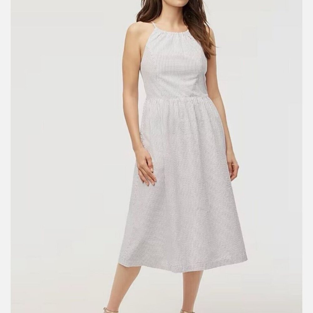 NWT J.CREW Factory Midi Seersucker Blue Stripe Halter Dress Size 6